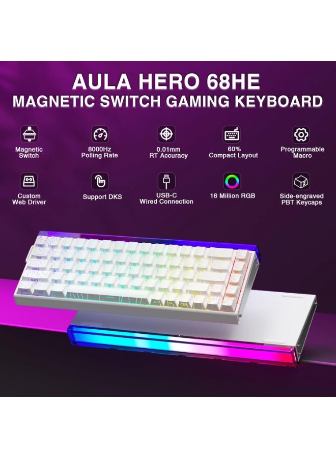 أولا لوحة مفاتيح ألعاب سلكية AULA Hero 68 HE بحجم ‎60%‎، تعمل بتقنية المفاتيح المغناطيسية ذات التأثير القاعي، وبمعدل استجابة 8000 هرتز، مع أغطية مفاتيح من مادة بلاستيكية عالية المتانة مطبوع عليها من الجانب، وإضاءة خلفية متعددة الألوان مع صندوق إضاءة، وبرنامج تحكم قابل للتخصيص لأجهزة الكمبيوتر، مخصّصة للاعبين – باللون الأبيض – بنمط التصميم الانسيابي. - Image 4